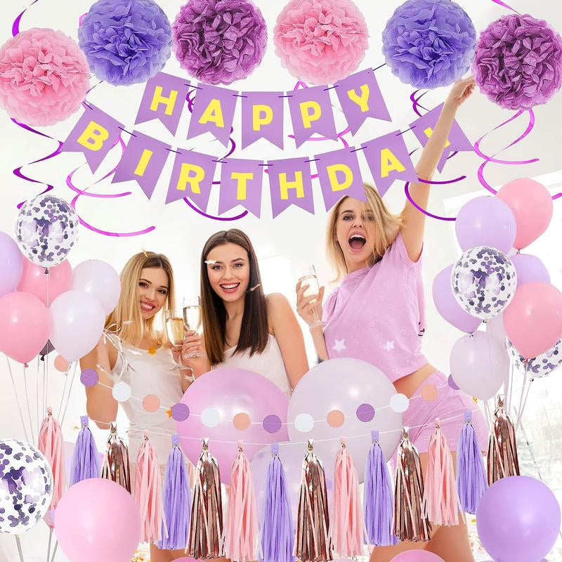 Purple Pink Birthday Party Decorations Set with Happy Birthday Banner, Hanging Swirls, Tissue Paper Pompoms, Circle Dots Garland & More Balloons