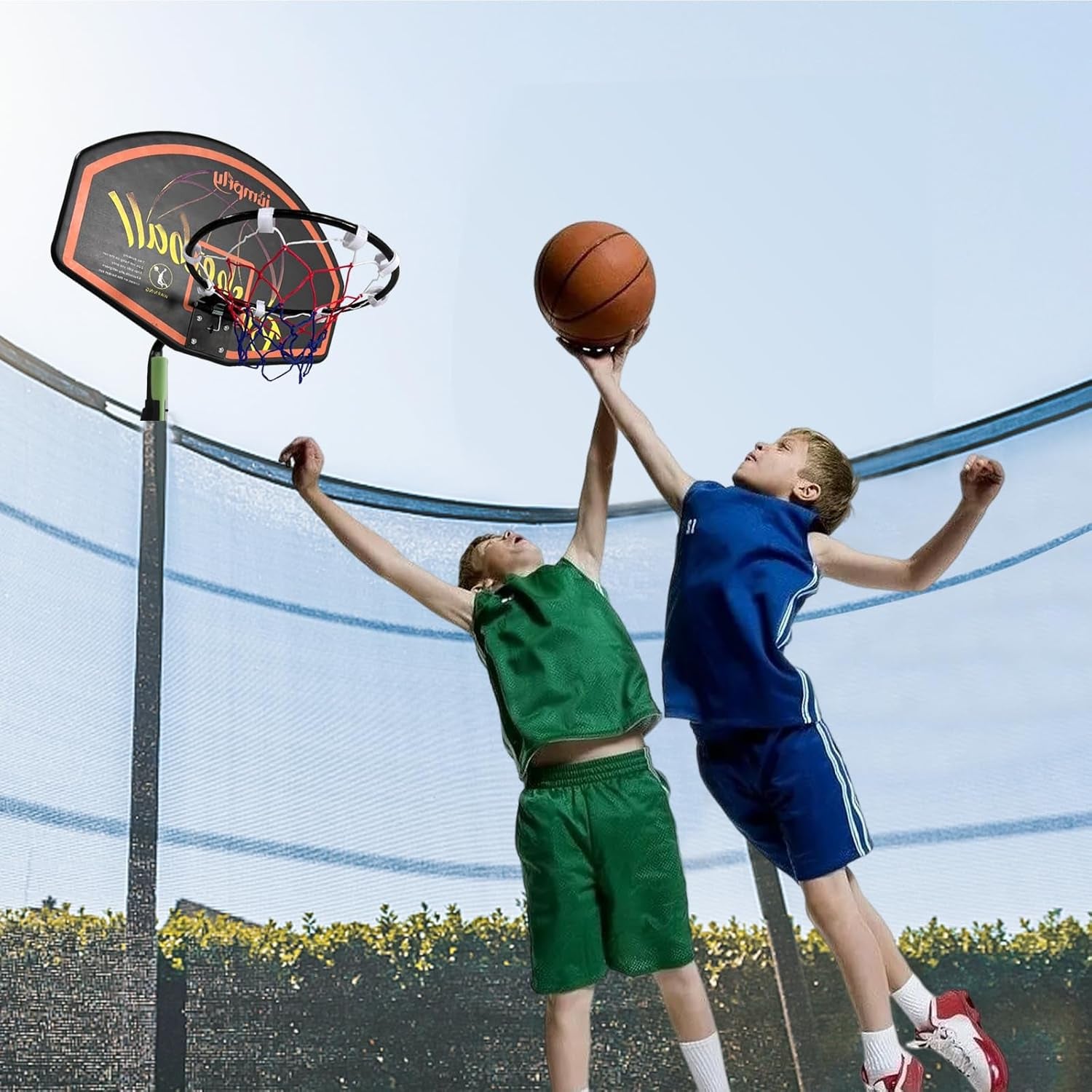 Trampoline Basketball Hoop Attachment, Basketball Hoop for Trampoline Easy to Install, Universal Trampoline Accessories Fits Straight Pole & Curved Pole with Mini Balls & Pump