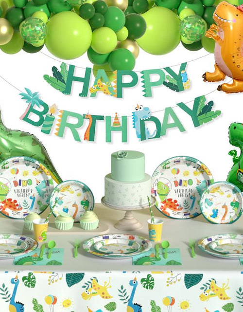 Load image into Gallery viewer, Dinosaur Birthday Party Supplies Set - 242 PCS Green Balloon Garland Arch Kit with Dino Balloons, Tableware, and Decorations
