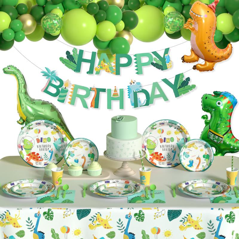 Dinosaur Birthday Party Supplies Set - 242 PCS Green Balloon Garland Arch Kit with Dino Balloons, Tableware, and Decorations