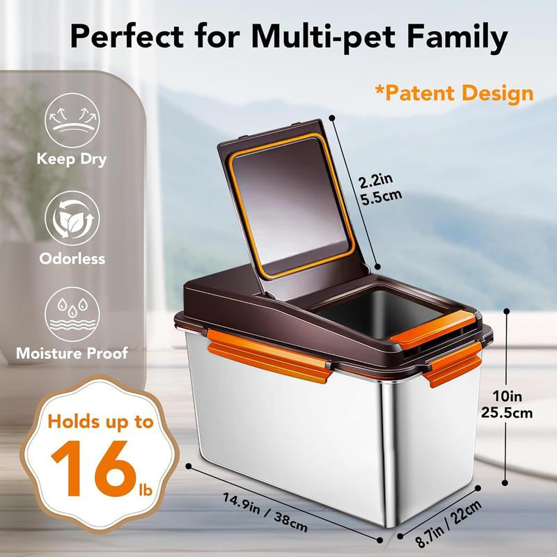 Dog Food Storage Container Stainless Steel with Scoop, 16Lb/7.4Kg Airtight Pet Metal Food Storage Bin, Cat Food Container for Dry Dog Food, Cat Food, Bird Seed, Keep Food Fresh, Brown