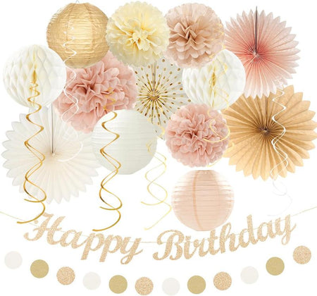 Boho Birthday Party - Decorations 21Pcs Autumn Neutral Retro Happy Banner, Girl Sweet Peach Paper Streamers Lanterns, Rustic Backdrop Decor Set Cozy