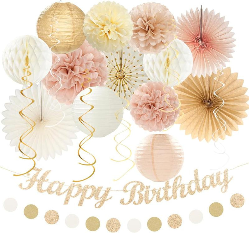 Boho Birthday Party - Decorations 21Pcs Autumn Neutral Retro Happy Banner, Girl Sweet Peach Paper Streamers Lanterns, Rustic Backdrop Decor Set Cozy