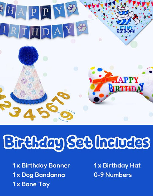 Load image into Gallery viewer, Pacific Pups - Dog Birthday Party Set - Dog Birthday Hat, Birthday Dog Bandanna, Squeaky Dog Toy, Birthday Banner for Pet Birthday Party
