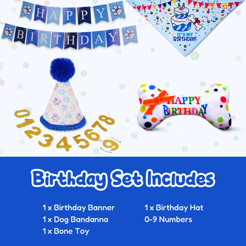 Pacific Pups - Dog Birthday Party Set - Dog Birthday Hat, Birthday Dog Bandanna, Squeaky Dog Toy, Birthday Banner for Pet Birthday Party