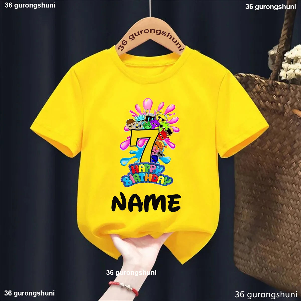 Colorful 7Th Happy Birthday Game Sprunki Printed T Shirt for Girls/Boys Custom Name Birthday Party Kids Clothes Summer T-Shirt