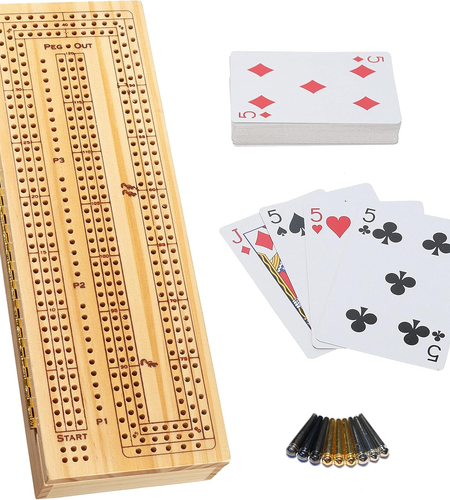 3 Player Wooden Cribbage Set - Easy Grip Pegs and 2 Decks of Cards inside of Board - Natural Wood