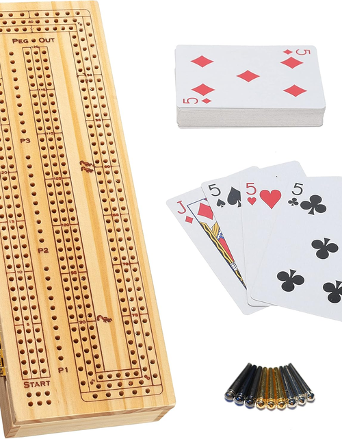 Load image into Gallery viewer, 3 Player Wooden Cribbage Set - Easy Grip Pegs and 2 Decks of Cards inside of Board - Natural Wood
