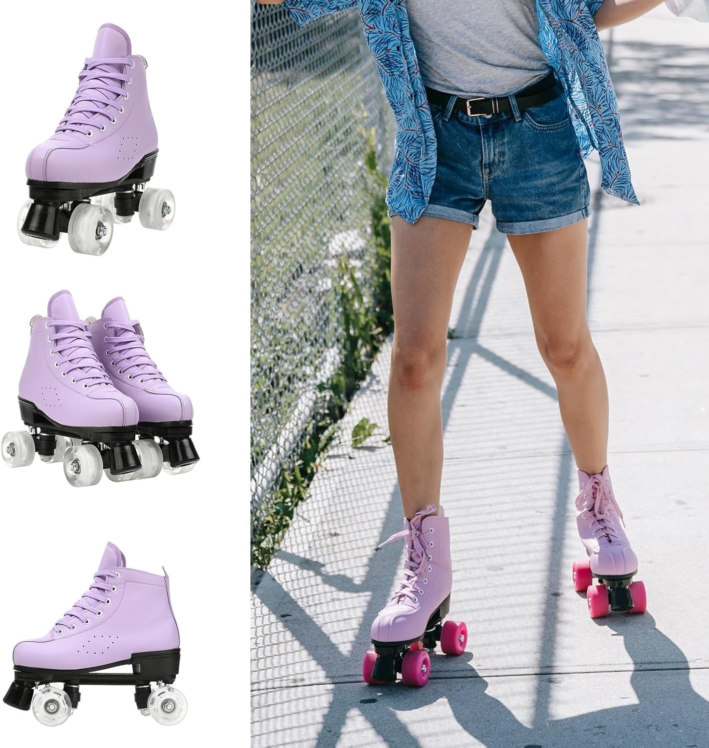 Roller Skates for Women and Men Cowhide High-Top Shoes Classic Double-Row Roller Skate Four-Wheel Roller Skates for Men Girls Unisex