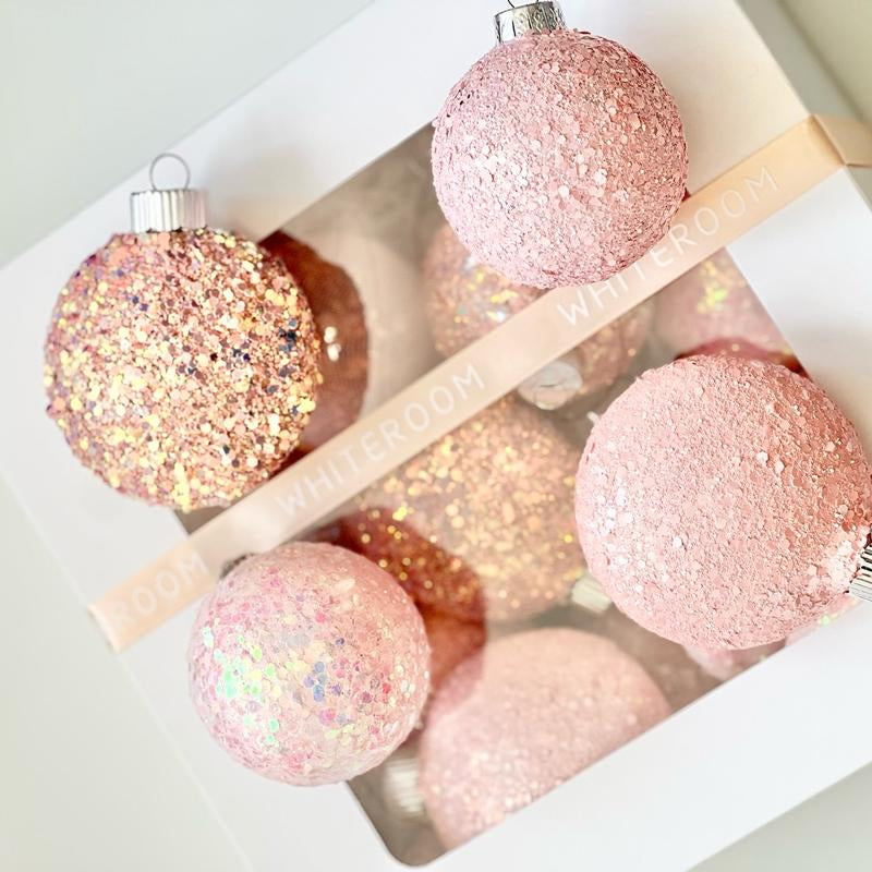Christmas Glitter Ornaments, Christmas Tree Decoration, Pink Shades Set of 16 Pcs, Christmas Handmade Custom Balls Gift Decorative Hanging