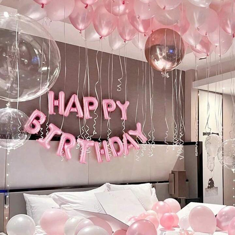 59Pcs Pink Birthday Party Decoration Set Including Happy Birthday Banner, Latex Balloons, 4D round Foil Balloons with Glue Dots, and White Ribbon Birthday Balloon Foil Balloon Party Decoration Birthday Decoration