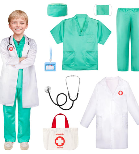 Meland Doctor Costume for Kids - Kids Scrubs with Lab Coat & Carry Bag Doctor Dress Up for Halloween Career Day Role Play(Green7-8 Years)