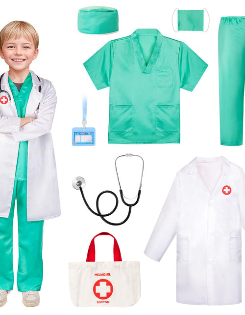 Load image into Gallery viewer, Meland Doctor Costume for Kids - Kids Scrubs with Lab Coat &amp; Carry Bag Doctor Dress Up for Halloween Career Day Role Play(Green7-8 Years)
