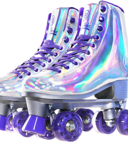 Roller Skates for Women, Holographic High Top PU Leather Rollerskates, Shiny Double-Row Four Wheels Quad Skates for Girls and Age 8-50 Indoor Outdoor (Silver Purple)