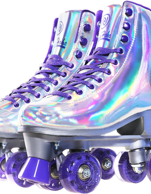 Load image into Gallery viewer, Roller Skates for Women, Holographic High Top PU Leather Rollerskates, Shiny Double-Row Four Wheels Quad Skates for Girls and Age 8-50 Indoor Outdoor (Silver Purple)
