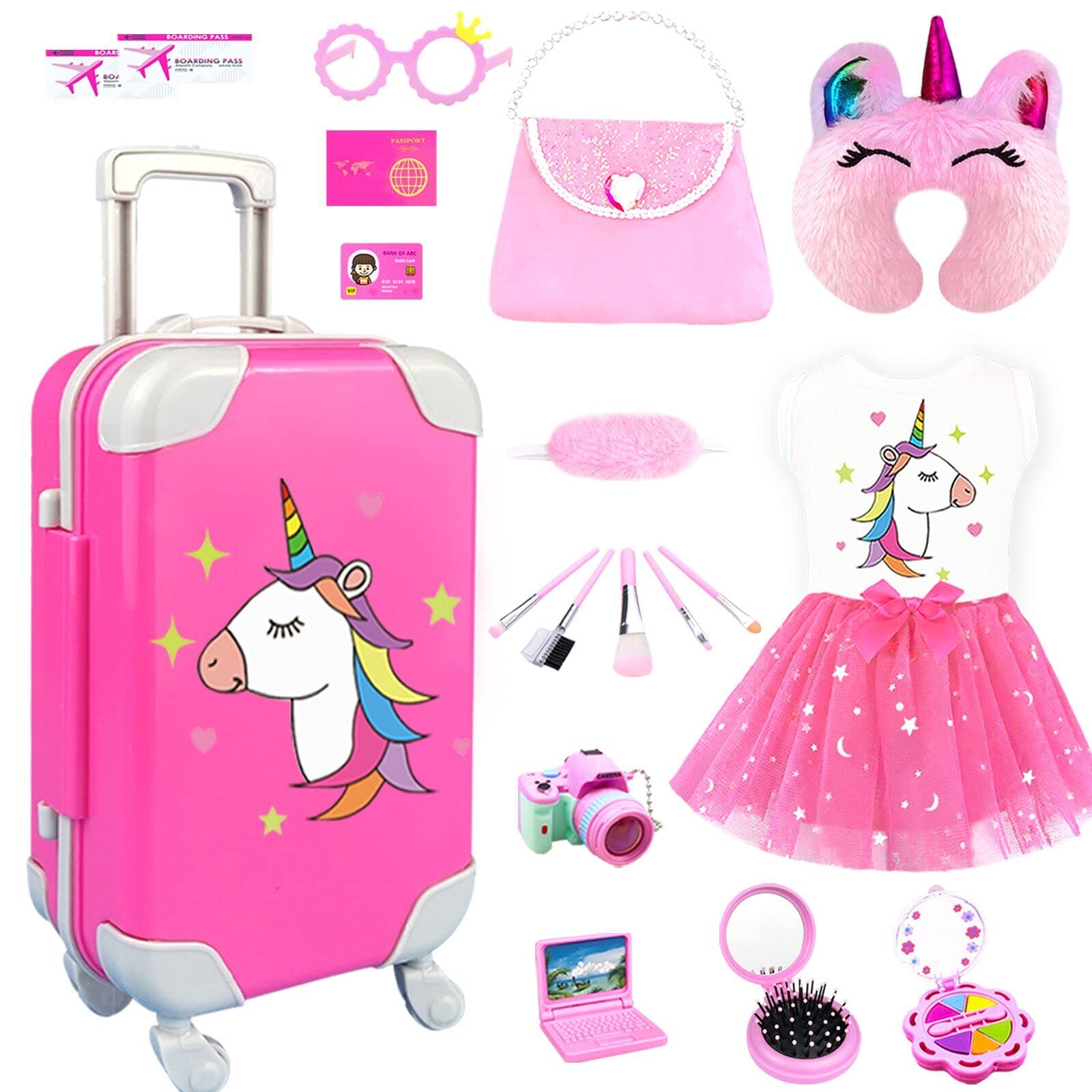 BNUZEIYI Doll Clothes and Accessories - Travel Play Set for 18 Inch Doll Doll Stuff with 18 Inch Doll Clothes Cute Bag Travel Pillow and Doll Pretend Makeup for 18 Inch Girl Doll Girl Gift