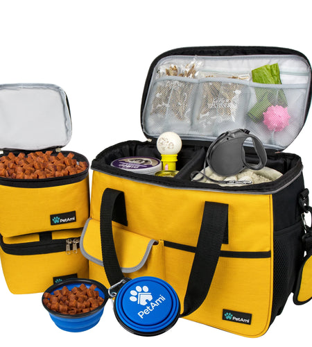 Medium Dog Travel Bag with Food Containers and Bowls, Yellow, 22 L Limit