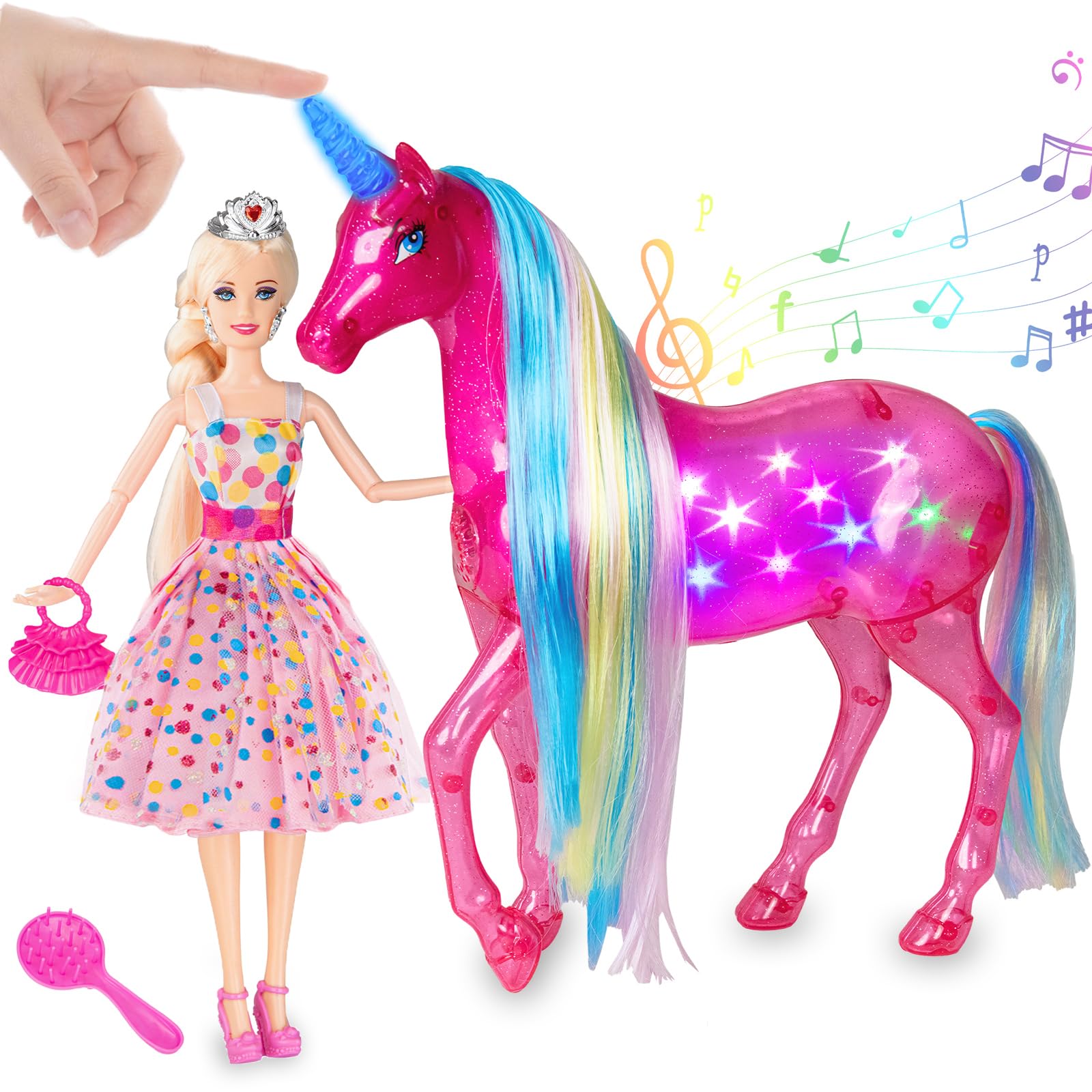 BETTINA Large Unicorn & Princess Doll Set with Lights & Sounds - Magical Unicorn Toys 11.5 Inch Dolls Horse Playset Unicorn Gifts for Girls Ages 3-8