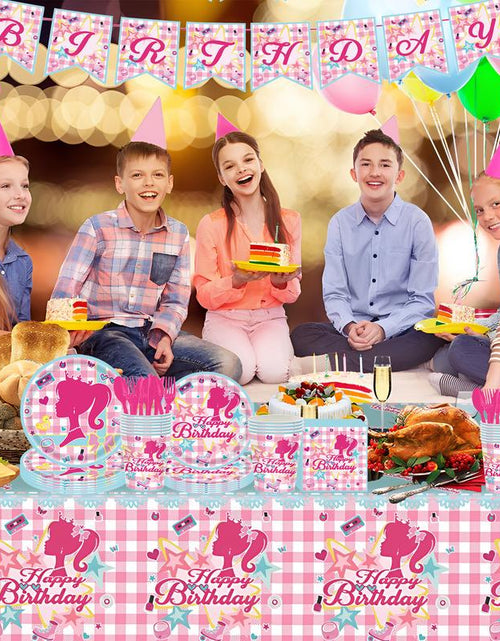 Load image into Gallery viewer, 171 Count Disposable Tableware Birthday Party Supplies Pink Girls Paper Plates Napkins Cups Plastic Tablecloths Pink Girls Tableware Set Birthday Party Decorations Serves 24 Guests
