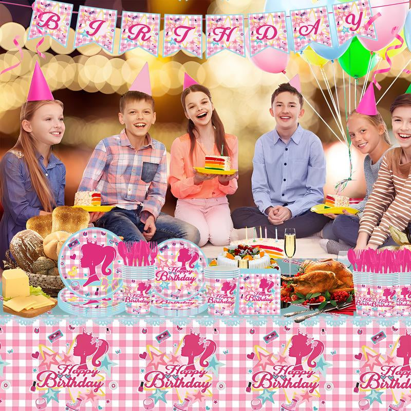 171 Count Disposable Tableware Birthday Party Supplies Pink Girls Paper Plates Napkins Cups Plastic Tablecloths Pink Girls Tableware Set Birthday Party Decorations Serves 24 Guests