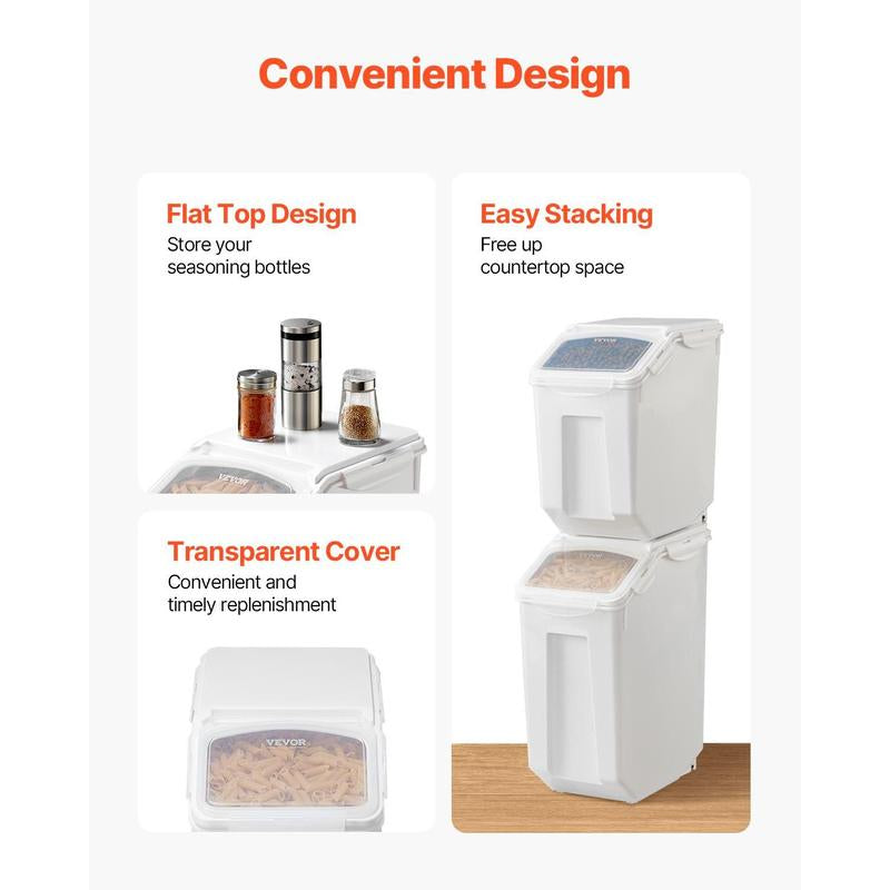 VEVOR Rice Storage Container, 3.5Gal/15Lx2 + 4.5Gal/20Lx2 Large Dog Food Dispenser Bin, Kitchen Ingredient Grain Cereal Bin, Pet Food Containers with Wheels, 4 Measuring Cups, Airtight Lid, 4 Pack