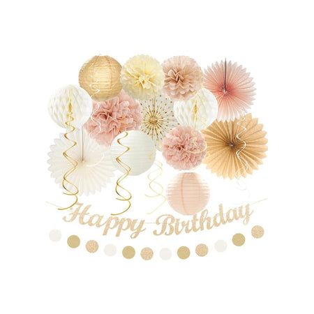 Boho Birthday Party - Decorations 21Pcs Autumn Neutral Retro Happy Banner, Girl Sweet Peach Paper Streamers Lanterns, Rustic Backdrop Decor Set Cozy