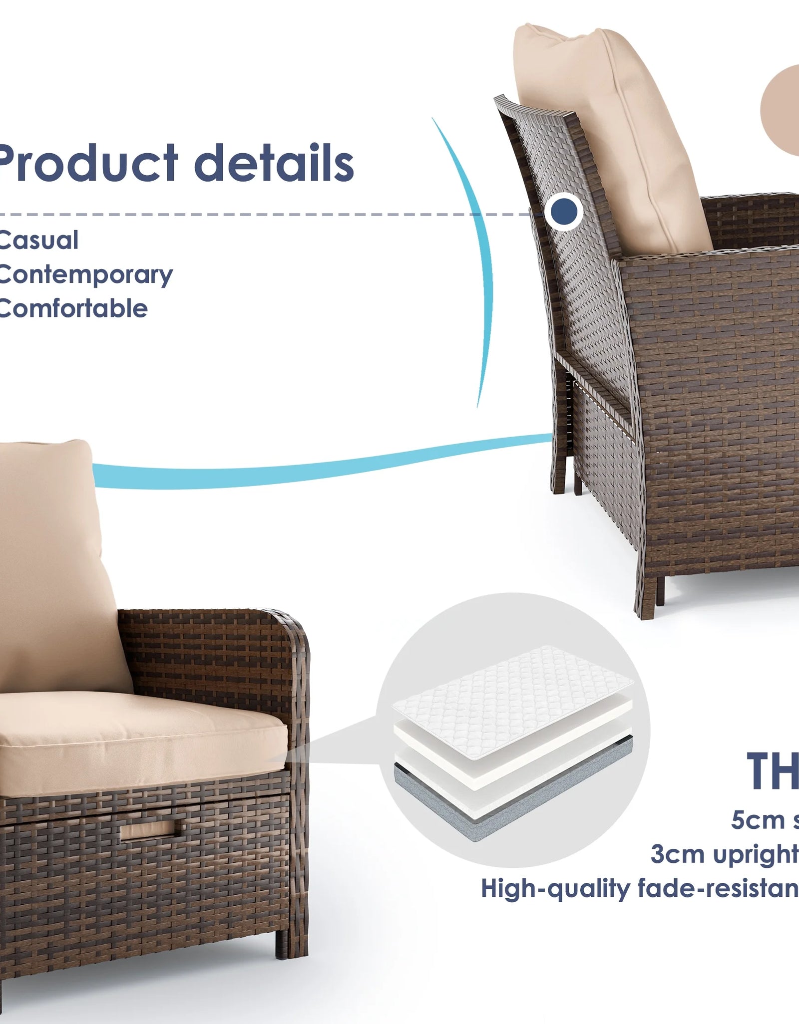 Balcony Furniture 5 Piece Patio Furniture Set, Outdoor Patio Chair , Khaki