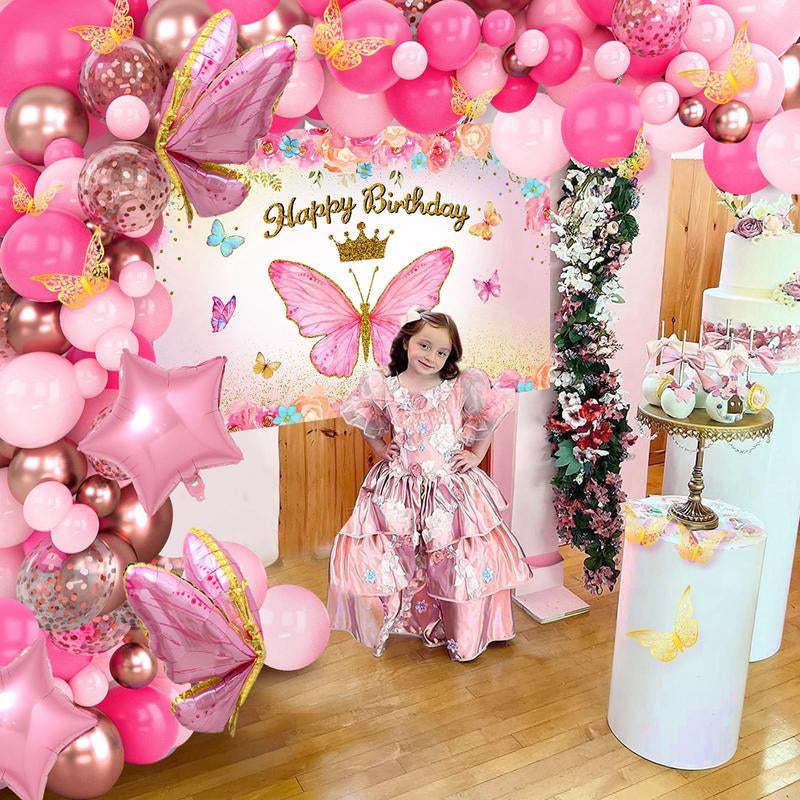 Butterfly Birthday Balloon Arch Kit, 95Pcs Purple Pink Butterfly Birthday Party Decoration DIY Set, Lavender Balloons Foil Balloons, Happy Birthday Backdrop Tablecloth, Girl'S Birthday Party Balloon Garland, Party Supplies, Father'S Day Gift