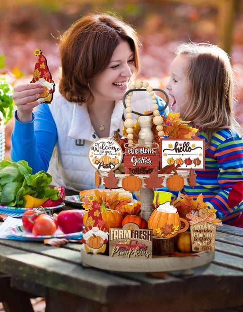 Load image into Gallery viewer, 15 Pcs Fall Tiered Tray Decor Set Hello Fall Decor Autumn Wood Signs Thanksgiving Orange Brown Table Signs Farmhouse Wooden Maple Pumpkin Gnomes Tabletop for Festival Home Decor(Autumn)

