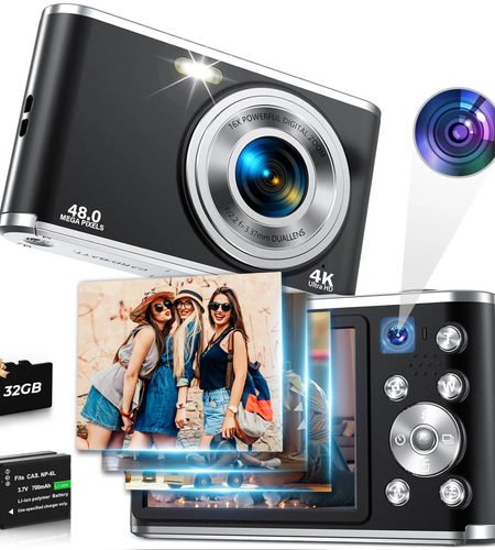 4K Digital Camera 48MP Autofocus Vlog Video Dual Cameras for Youtube with 32GB Card,Black,New