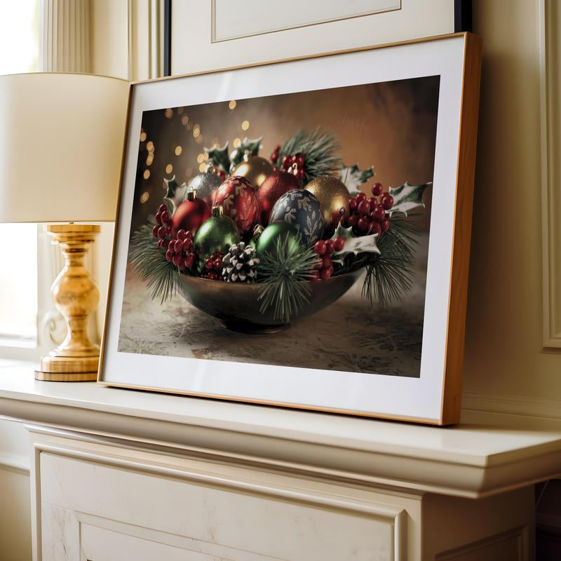 Elegant Christmas Ornament Wall Art Poster - High Quality Holiday Décor Physical Decoration, Aesthetic Holly Ornament Print Picture Unframe