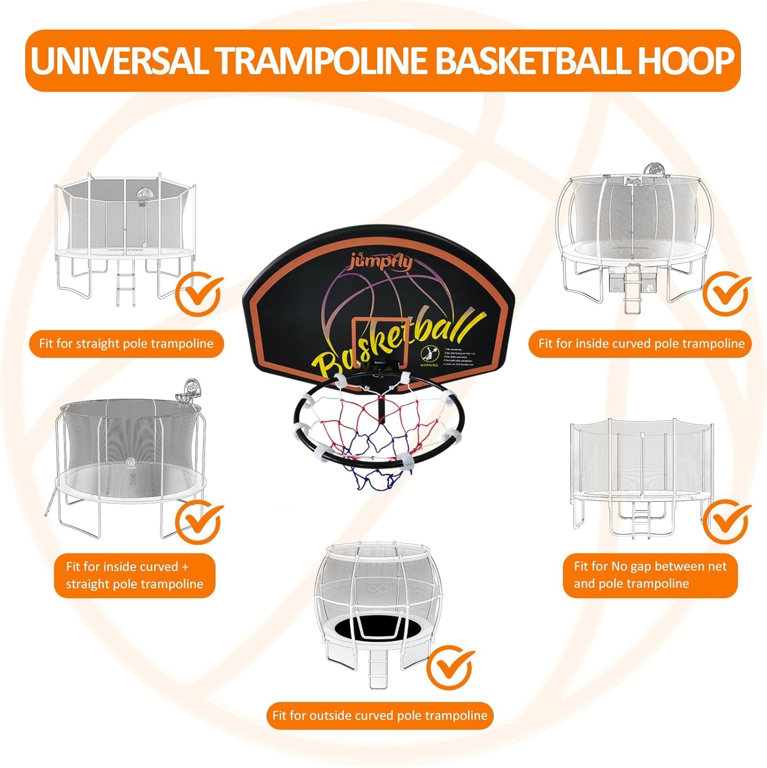 Trampoline Basketball Hoop Attachment, Basketball Hoop for Trampoline Easy to Install, Universal Trampoline Accessories Fits Straight Pole & Curved Pole with Mini Balls & Pump