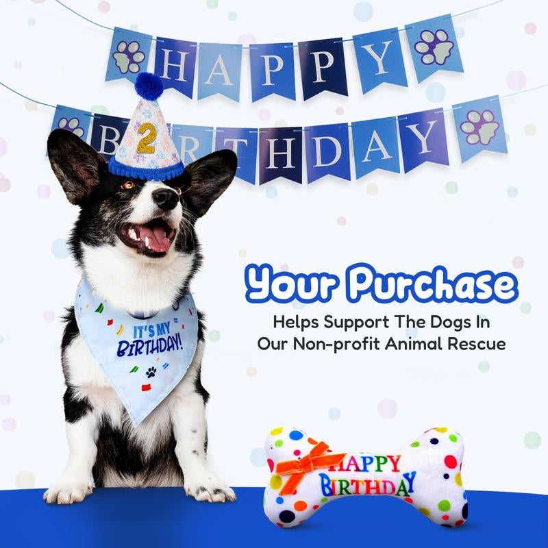 Pacific Pups - Dog Birthday Party Set - Dog Birthday Hat, Birthday Dog Bandanna, Squeaky Dog Toy, Birthday Banner for Pet Birthday Party