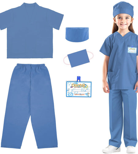 RioRand Doctor Costume for KidsToddler Nurse Scrubs Career Day Costume Halloween Dress Up Cosplay For Boys Girls 3-11 Years (Blue XL-140/Height52.3-55.9)