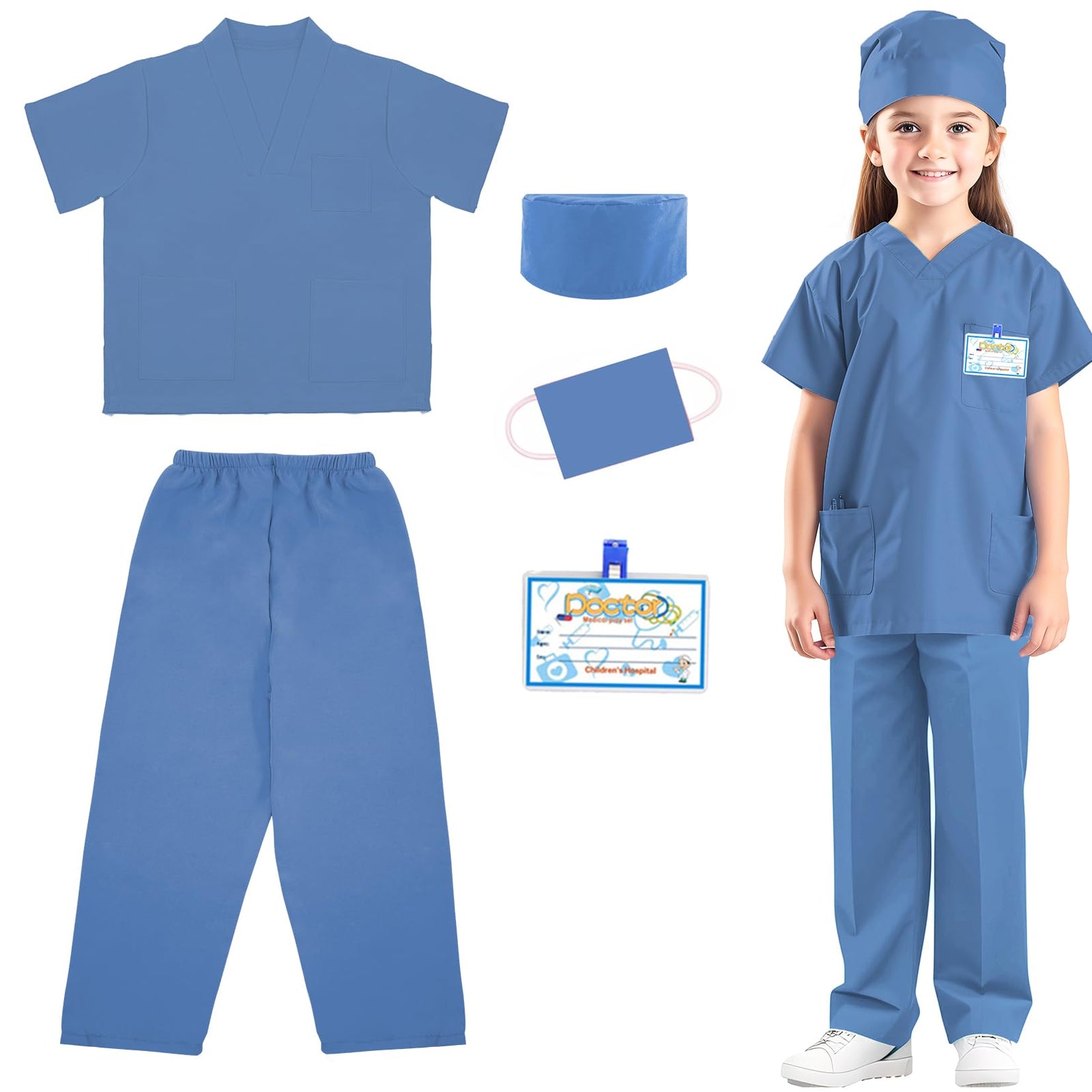 RioRand Doctor Costume for KidsToddler Nurse Scrubs Career Day Costume Halloween Dress Up Cosplay For Boys Girls 3-11 Years (Blue XL-140/Height52.3-55.9)