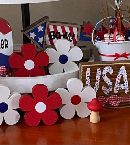Patriotic Tiered Tray - Set of 3 Red White and Blue Wood Daisies - Standing Wood Daisies Flowers 4Th of July Tiered Tray Decor Summer Decor