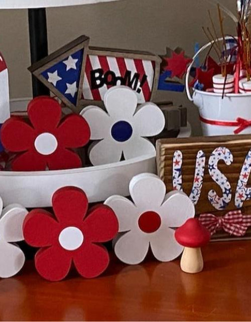 Load image into Gallery viewer, Patriotic Tiered Tray - Set of 3 Red White and Blue Wood Daisies - Standing Wood Daisies Flowers 4Th of July Tiered Tray Decor Summer Decor
