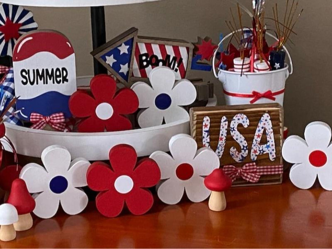Patriotic Tiered Tray - Set of 3 Red White and Blue Wood Daisies - Standing Wood Daisies Flowers 4Th of July Tiered Tray Decor Summer Decor