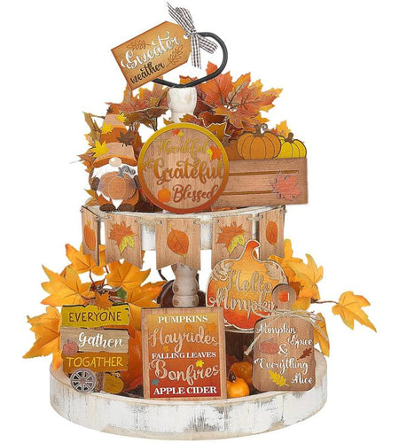 15 Pcs Fall Tiered Tray Decor Set Hello Fall Decor Autumn Wood Signs Thanksgiving Orange Brown Table Signs Farmhouse Wooden Maple Pumpkin Gnomes Tabletop for Festival Home Decor(Autumn)