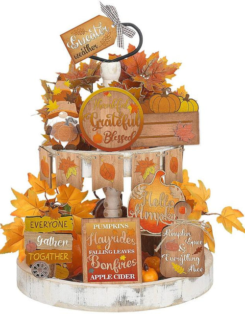Load image into Gallery viewer, 15 Pcs Fall Tiered Tray Decor Set Hello Fall Decor Autumn Wood Signs Thanksgiving Orange Brown Table Signs Farmhouse Wooden Maple Pumpkin Gnomes Tabletop for Festival Home Decor(Autumn)
