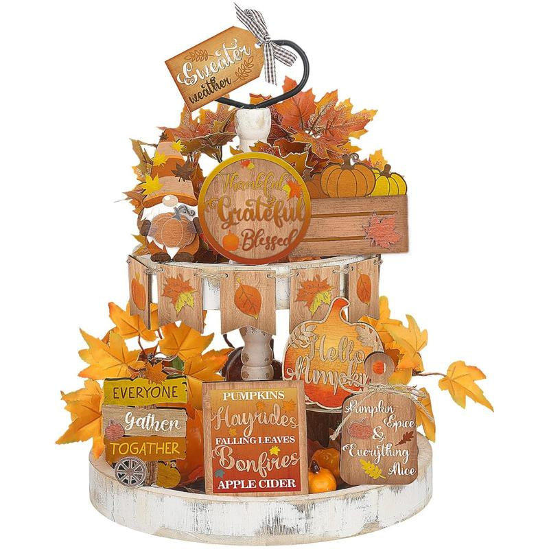 15 Pcs Fall Tiered Tray Decor Set Hello Fall Decor Autumn Wood Signs Thanksgiving Orange Brown Table Signs Farmhouse Wooden Maple Pumpkin Gnomes Tabletop for Festival Home Decor(Autumn)