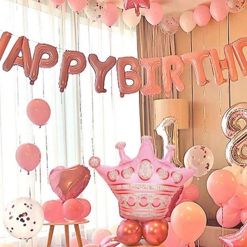 59Pcs Pink Birthday Party Decoration Set Including Happy Birthday Banner, Latex Balloons, 4D round Foil Balloons with Glue Dots, and White Ribbon Birthday Balloon Foil Balloon Party Decoration Birthday Decoration
