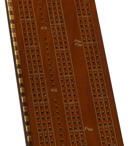 3 Player Wood Cribbage Set - Easy Grip Pegs and 2 Decks of Cards inside of Board - Walnut Stained