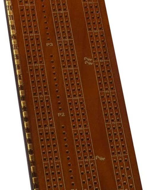 Load image into Gallery viewer, 3 Player Wood Cribbage Set - Easy Grip Pegs and 2 Decks of Cards inside of Board - Walnut Stained
