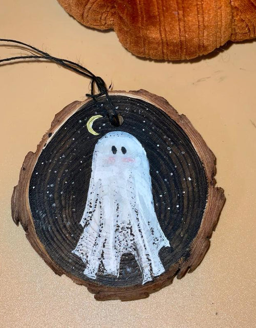 Load image into Gallery viewer, Wooden Hand Painted Halloween Decor - Handpainted Ghost on Wooden Circle Spooky Ornaments Decoration
