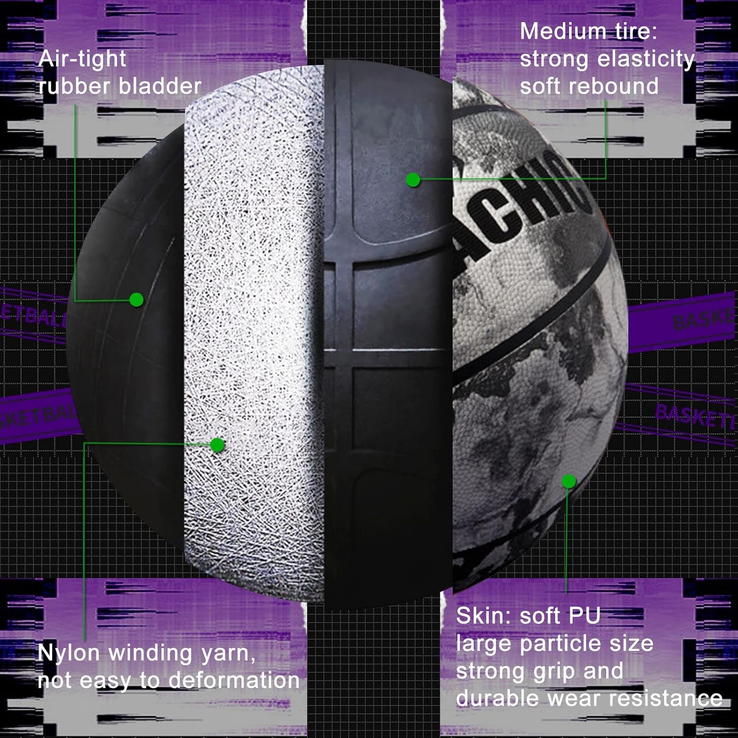 Glow in the Dark Basketball - Glowing Leather Green Light up Gift for Teenagers, Men, Women - Indoor-Outdoor Night Game with Pump (Size 5/6/7)