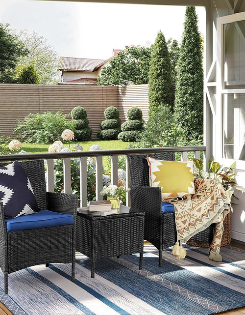 Load image into Gallery viewer, 3 Piece Patio Furniture Set, Outdoor PE Rattan Wicker Chairs with Soft Cushion and Coffee Table, Conversation Set for Yard Backyard Lawn Porch Poolside Balcony, Black/Blue
