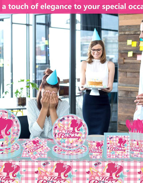 Load image into Gallery viewer, 171 Count Disposable Tableware Birthday Party Supplies Pink Girls Paper Plates Napkins Cups Plastic Tablecloths Pink Girls Tableware Set Birthday Party Decorations Serves 24 Guests

