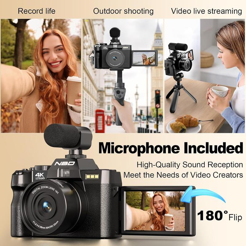 NBD 48MP Digital Cameras - 4K 16X Zoom Travel Camera with 180° Flip Screen, Auto Focus, Macro Lens, 2 Batteries & 32GB SD Card (Black) Tech Gadgets