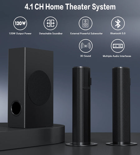 4.1Ch Sound Bar with Subwoofer, 120W Separable Sound Bar for TV, 2-In-1 Detachable Sound Bar with Usb/Aux/Coaxial/Optical/Hdmi/Bluetooth